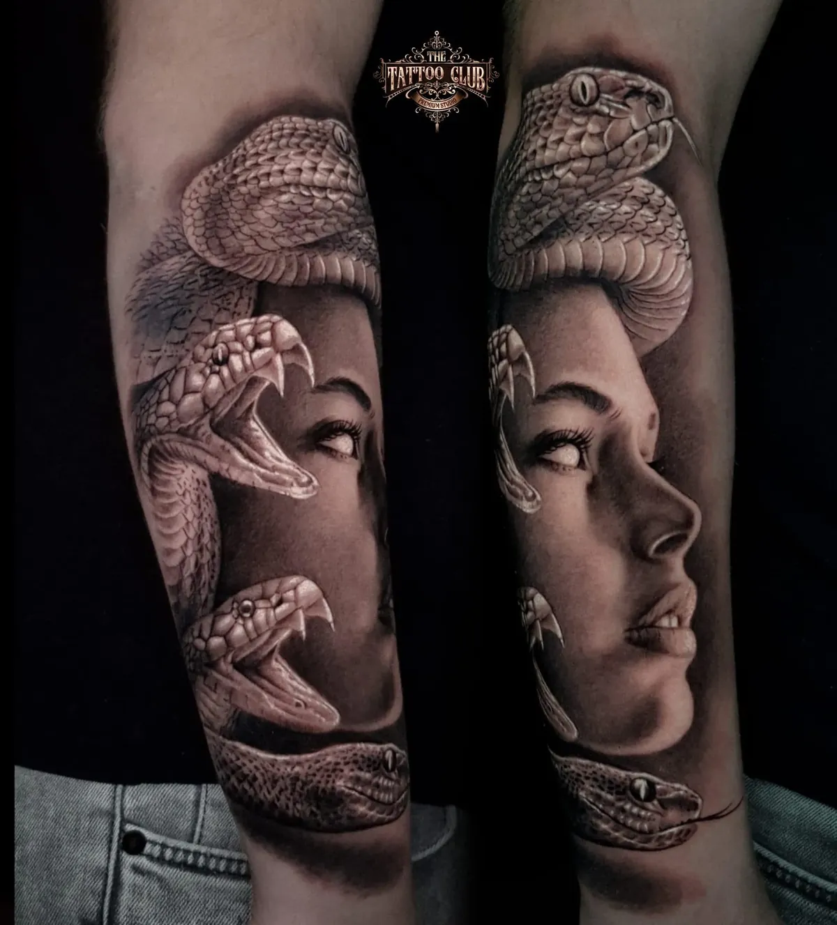 Slangen en vrouwenprofiel op beide onderarmen